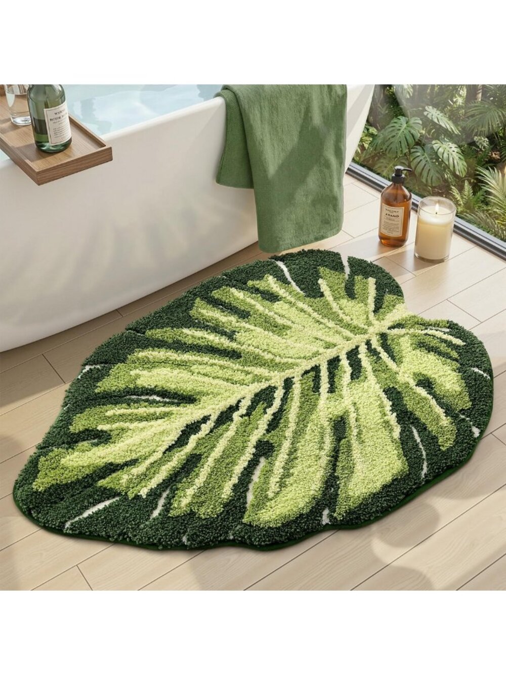Soft Fluffy Monstera Leaf Bath Mat, Non-Slip, Washable, Quick Dry, 23.5x31.5